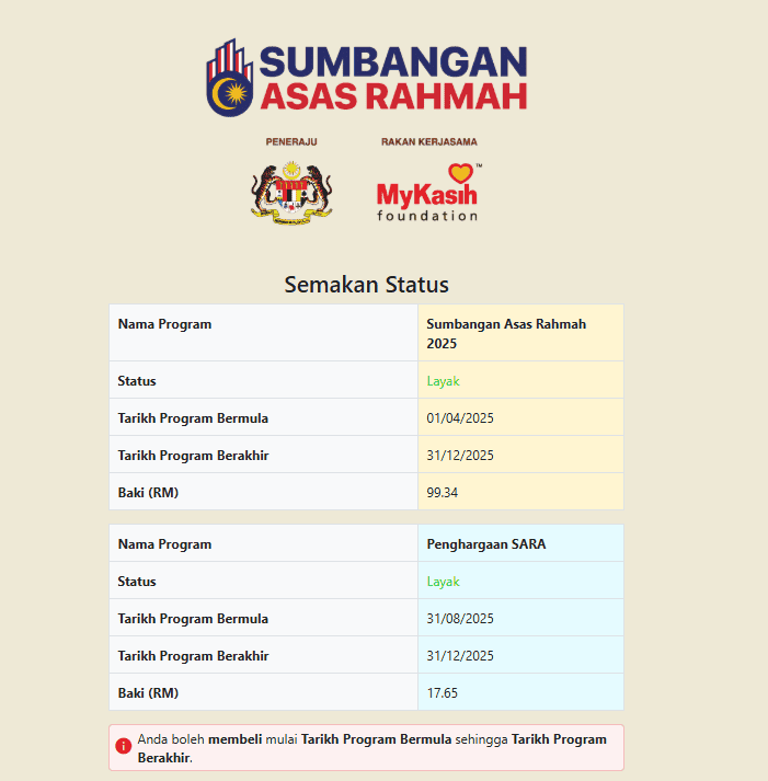 SEMAKAN STATUS BANTUAN SARA 2026